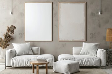 Wall Mural - Two blank white frames are symmetrically arranged on a neutral-toned wall