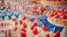 Colorful Dessert Table At Patriotic Party With Cupcakes And Candies