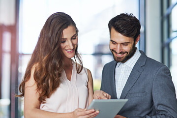 Aufkleber - Happy, business people and tablet for communication, discussion and collaboration on company proposal. Corporate man and woman with tech for planning, teamwork and research on report in office