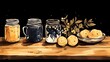A still life of jars and lemons on a wooden table
