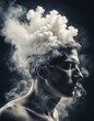 man with smoke coming out of his head in the shape of clouds.