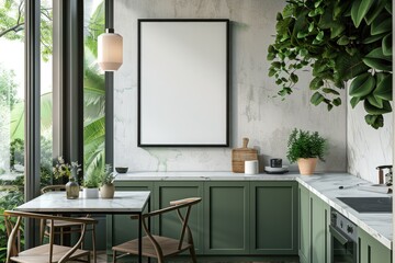 Wall Mural - A blank frame hangs on the wall above the breakfast nook