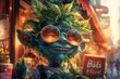 Vibrant cannabis leaf character in sunglasses holding the sign 