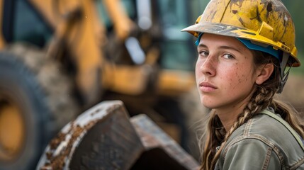 Wall Mural - A young woman, wearing a hard hat, stands next to a bulldozer on a construction site