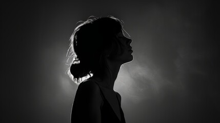 Black and white silhouette profile of a woman showing signs of distress against a dark background