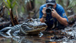A professional photographer takes photos of a alligator. Generative AI