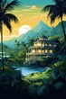 luxury villa in tropical jungle landscape illustration
