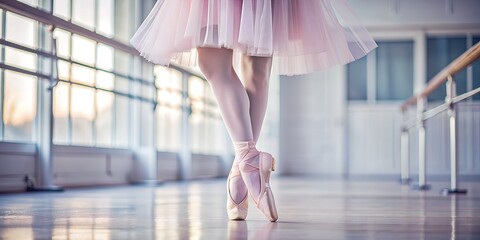 Ballerina stands in pink pointe shoes, graceful pose, in a pink tutu, woman ballerina dance, standing