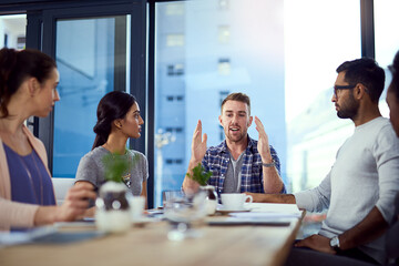 Aufkleber - Office, ideas and business people in meeting, planning and conversation for project, feedback and design team. Creative agency, cooperation and group with communication, solution and problem solving