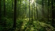 Lush summer forest with streaming sunlight