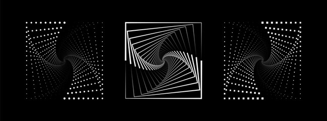 Set of speed lines in square form. Halftone dotted speed lines. Abstract geometric squares with rotating radial lines. Design element for logo, prints, template or posters. Vector illustration