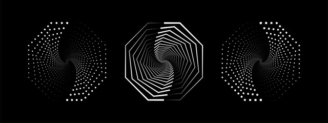 Set of speed lines in octagon form. Halftone dotted speed lines. Abstract geometric octagons with rotating radial lines. Design element for logo, prints, template or posters. Vector illustration