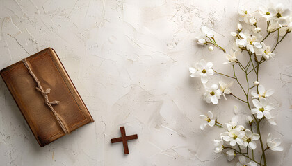 Wall Mural - Holy Bible, cross and flowers on light background with space for text