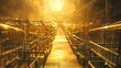 A row of shopping carts stands in a golden aisle of light creating a mesmerizing and almost ethereal atmosphere
