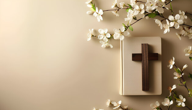 Holy Bible, cross and flowers on light background with space for text