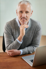 Poster - Mature man, home office and smile with laptop for online research, ideas and vision as business developer. Portrait, internet and strategy for company growth or opportunities for reviews and plans
