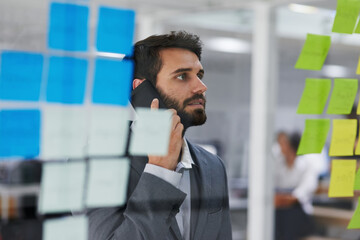 Aufkleber - Businessman, phone call and thinking with notes on glass board in brainstorming or schedule planning at office. Man or employee talking on mobile smartphone for agenda, reminder or tasks at workplace