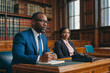 © polack - Court and trial. African American lawyer with his client, making arguments in support of defense lawyer