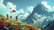 Vibrant illustration of hikers with backpacks watching a helicopter flying over a picturesque mountainous landscape with colorful flowers.
