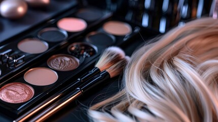 Wall Mural - Detailed view of a womans face with various makeup brushes in hand, showcasing the artistry of applying makeup