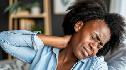 afro american woman suffering from cervical pain or neck pain at home - muscle aches and joint pain concept