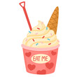 © PawLoveArt - Ice cream in takeaway paper cup. Cold frozen dessert, sweet dairy snack in cardboard mug, bucket. Ice cream served, decorated with sprinkles. Flat vector illustration isolated on white background
