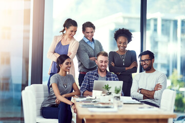 Poster - Business people, laptop and collaboration in office meeting for planning, conversation and communication. Happy, colleagues or diverse employee in group for reading ideas, teamwork or project