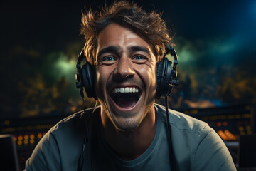Poster - generative ai picture of gamer playing game with computer on dark background