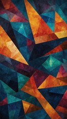 Poster - Vibrant tapestry of geometric shapes, primarily triangles, dominates composition. Triangles interlock, overlap, creating sense of depth, dimension. Rich color palette of deep blues, fiery oranges,.