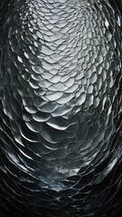 Poster - Repeating pattern of raised ovals, reminiscent of scales, creates textured surface. Ovals smooth, shiny, reflecting light in way that makes them appear to shimmer, change color.