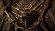 A skeleton is seated atop an iron throne, against a textured background of bones