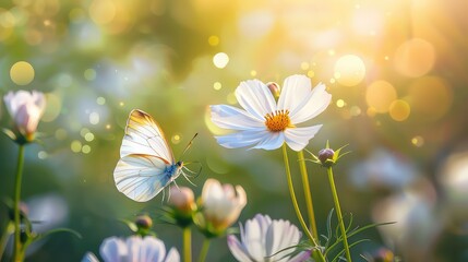 Wall Mural - Detail with shallow focus of white cosmos flower and butterfly in nature macro on background with beautiful bokeh. Delicate artistic image of beauty of nature.