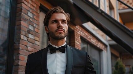 Wall Mural - Handsome Groom in tuxedo or suit ready for the wedding to take the love of his life Generative AI