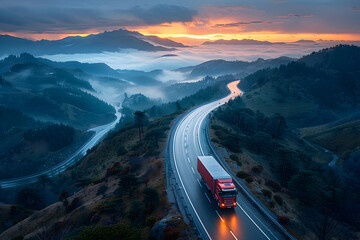 Scenic Mountain Drive Truck Traveling on a Windy Road at Sunset