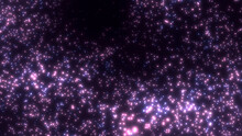 Abstract Ultraviolet Galaxy Hi-tech Background 8k 16:9 With Shining Stardust Texture And Copy Space. Glowing White Soft Pink Lilac Lavender Purple Particles Explosion, Chaotic Scattered Dots On Black