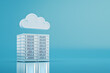 Cloud computing concept with server tower and cloud 3d render on blue background