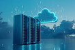Cloud computing concept with server and rain clouds. 3D Rendering