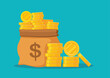 Money bag and stack of gold coins vector illustration