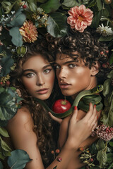 Adam and Eve in the  Eden garden, woman with long curly hair holds a red apple and a green snake, she is wearing leaves around her head, man has short brown curled hair, surrounded by flowers, fruits 
