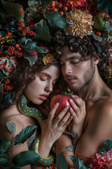 Adam and Eve in the  Eden garden, woman with long curly hair holds a red apple and a green snake, she is wearing leaves around her head, man has short brown curled hair, surrounded by flowers, fruits 