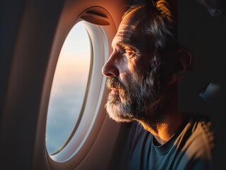 middle age man looking out of a airplane window, light coming from outside