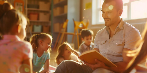 Handsome professional male teacher of nursery school or kindergarten reading a book to a group of little learners.