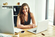 Portrait, woman and tech by desk for corporate career with notebook, check email and reading online news. Female consultant, notes and laptop in modern office with smile, connection and client advice