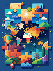 Vibrant Jigsaw Puzzle World Map with Iconic Landmarks Illustration