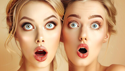 Two young beautiful women with a shocked expression, advertising photo