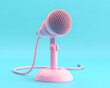 Pink microphone on blue background. 3d illustration. Minimal concept.