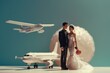 Miniature bride and groom with planes, teal background. Ideal for wedding, travel themes, playful advertising.