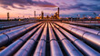 Pipeline network in refinery at twilight