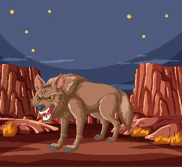 Canvas Print - Angry wolf growling under starry desert sky