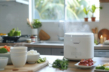 Wall Mural - A white rice cooker with one-touch operation, making cooking rice effortless.